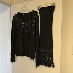 Black Sweater and Scarf Set with Silver Accents